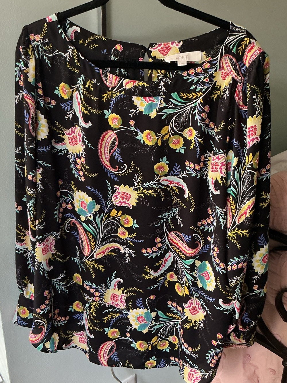 LOFT Black Paisley Floral Long-Sleeve Top with Multicolor Print